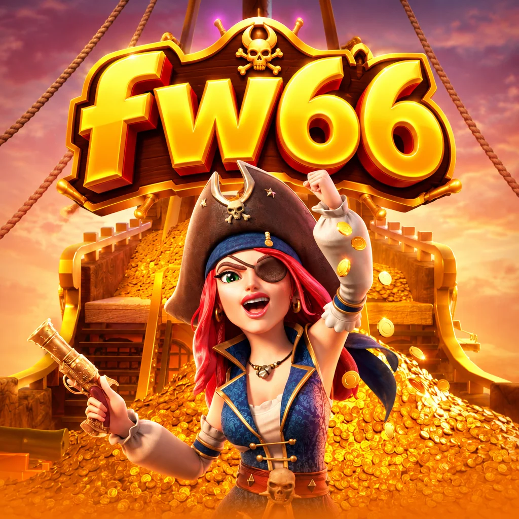 fw66 menampilkan karakter kapten bajak laut wanita dan tumpukan koin emas dalam Queen Bounty