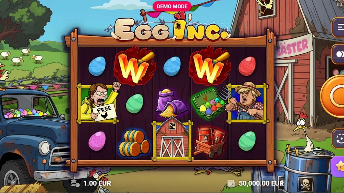 Tampilan visual slot Egg Inc. dengan tema pemberontakan ayam yang lucu