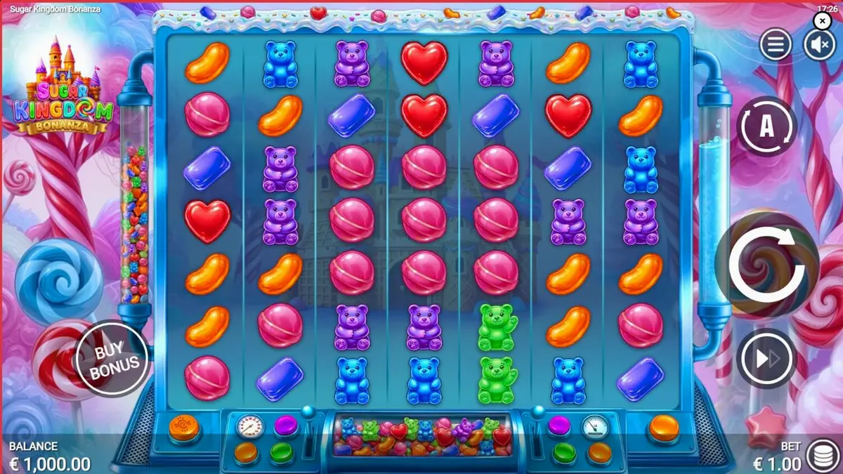 Tampilan antarmuka seluler permainan slot Sugar Kingdom Bonanza dengan latar belakang kastil permen yang cerah.