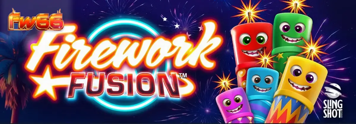 Tampilan visual slot Firework Fusion dengan latar belakang karnaval pantai dan kembang api